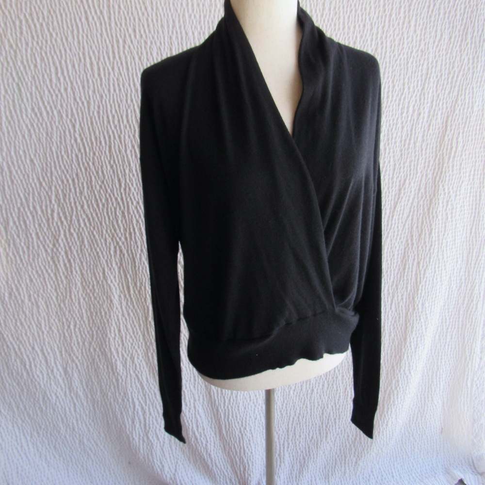 Solid Black Wrap Look Sweater 100% Cashmere Long Sleeve Club Monaco Small S - Picture 3 of 8